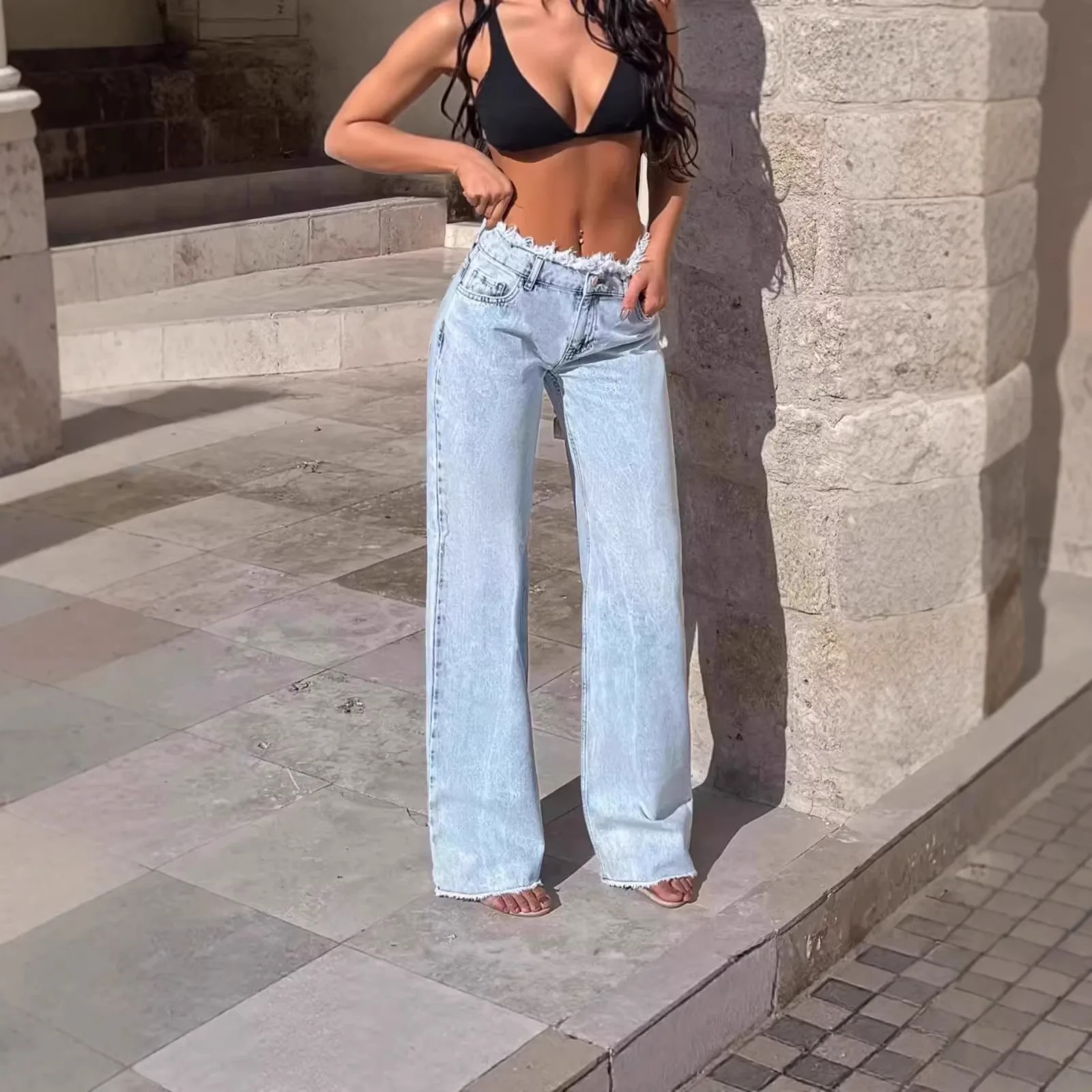 2026 European and American mid waist fringed wide leg jeans for women, washed and worn straight leg floor pants