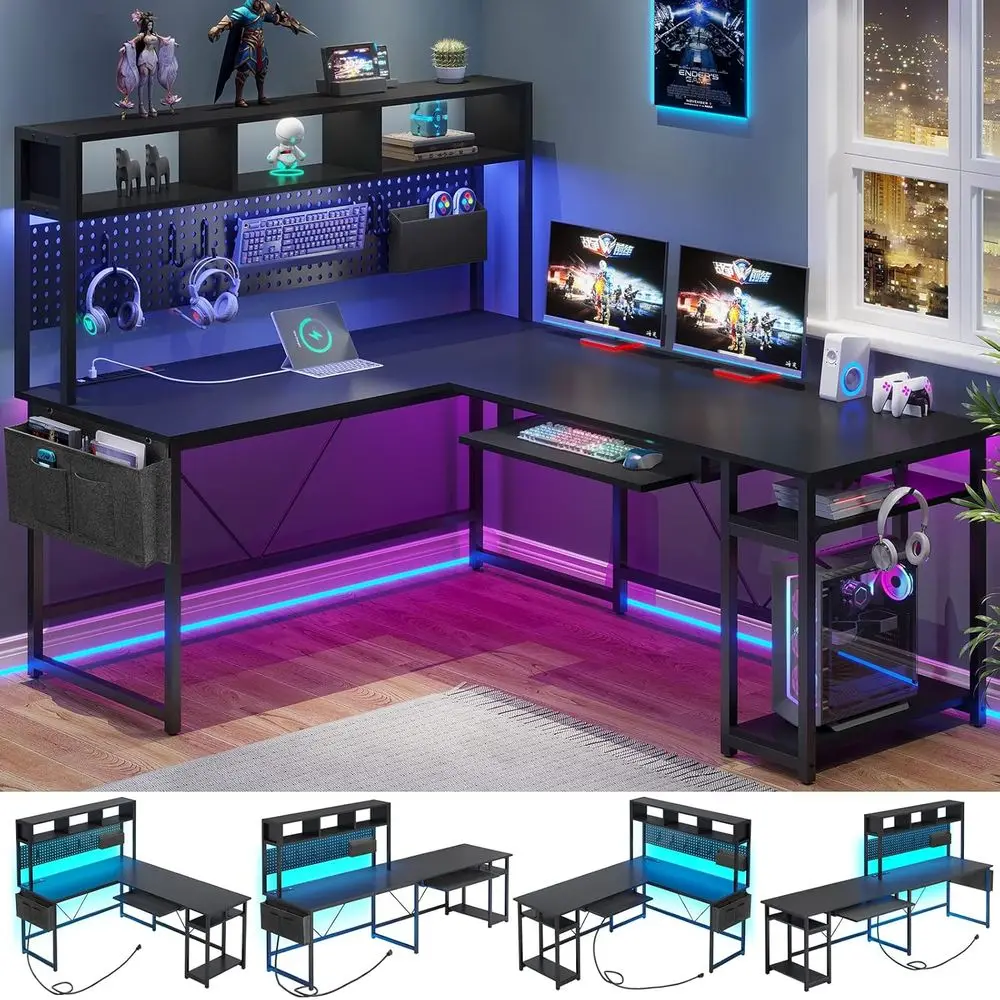 Black L-Shaped Gaming Desk with LED Lights, Power Outlet, and Storage Solutions for Home Office
