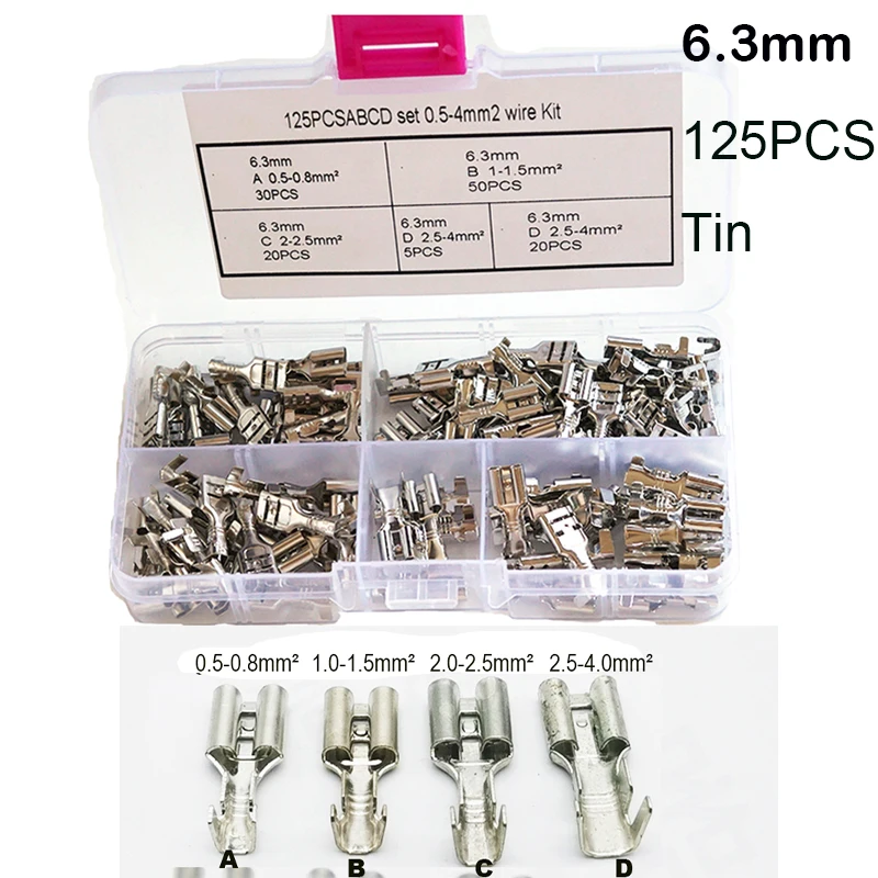 50/125/280 Pcs 0.5-4mm2 Quick Splice 6.3mm Female Wire Spade Connector 6.3 Wire Crimp Terminal Set