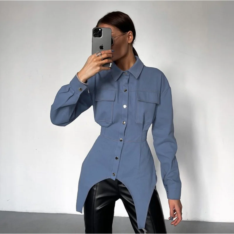 Camisa de manga larga con solapa Irregular para mujer, nueva camisa de diseño, moda exterior, otoño