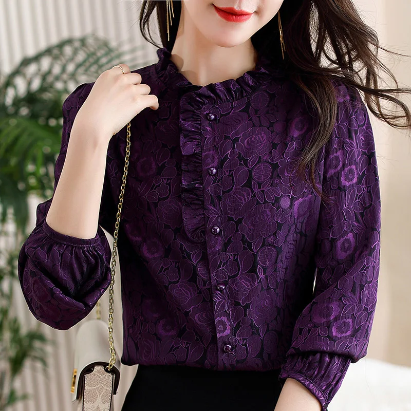 Women Clothes Lace Ruffles Vintage Purple Loose Fashion Shirt Female Top Spring New All-match Elegant Blouse