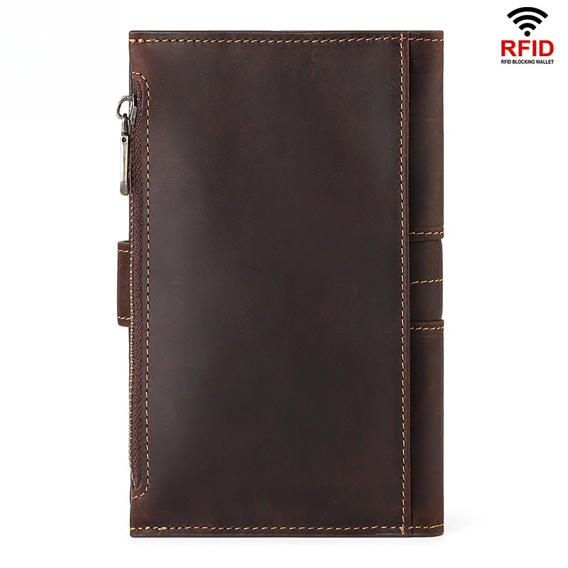 Vintage Crazy Horse Leather Passport Holder Long Wallet Multi-Function Travel Organizer Ticket Pocket Clutch Purse