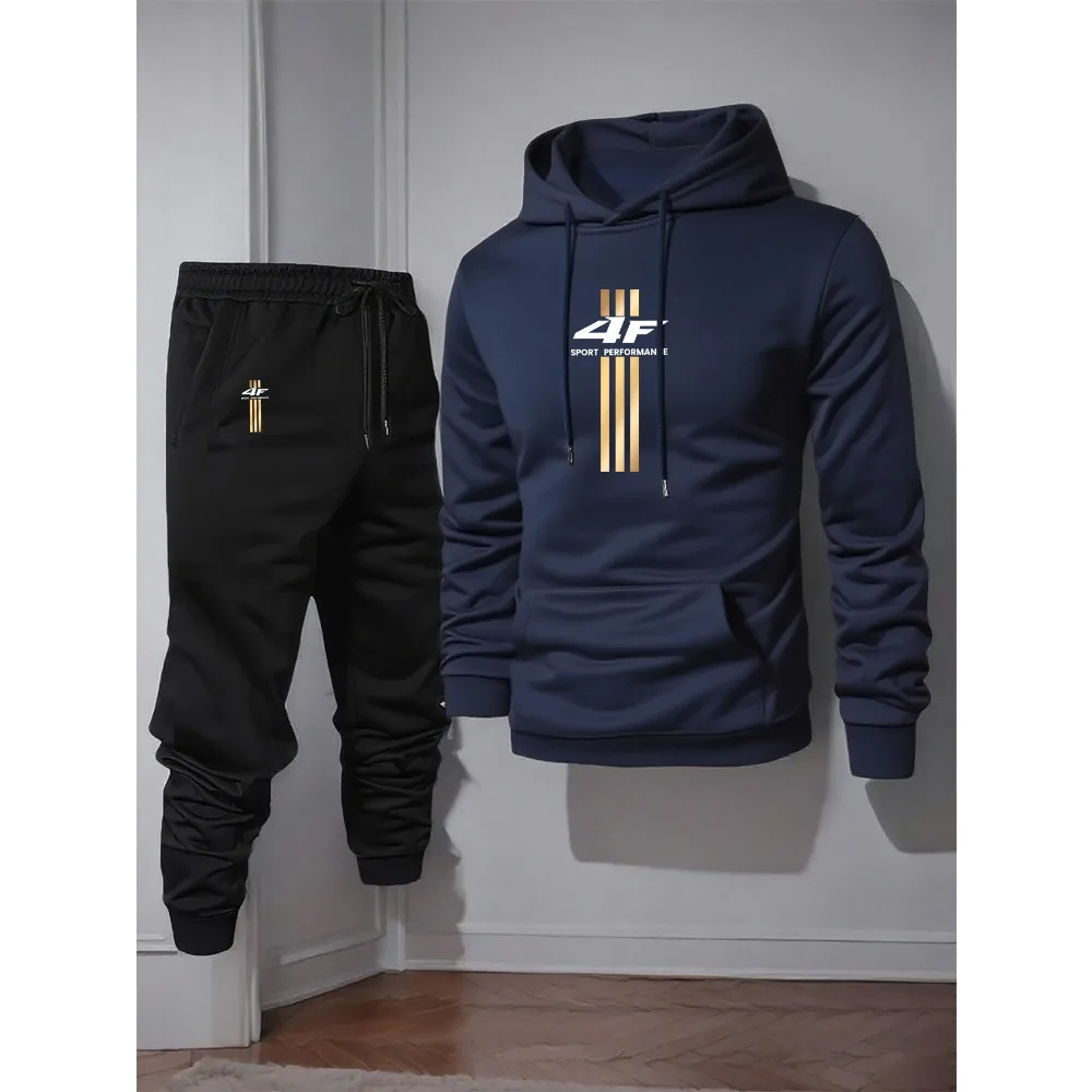 Men'S Casual Hoodie & Sweatpants Set - "4F" Graphic Print, Polyester Knit, Elastic Waistband, Geometric Pattern, Regular Fit,