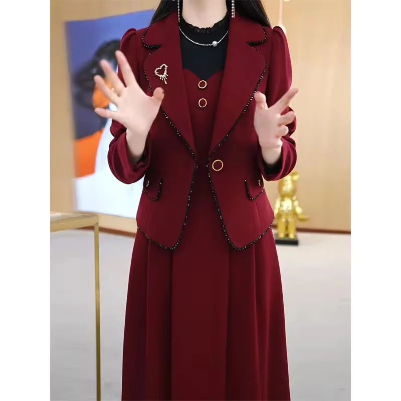 Korean High End Suit Jacket Dress Two-Piece Set Women 2024 Autumn Winter New Advanced Red Blazer Coat Long Dress Female Outfit