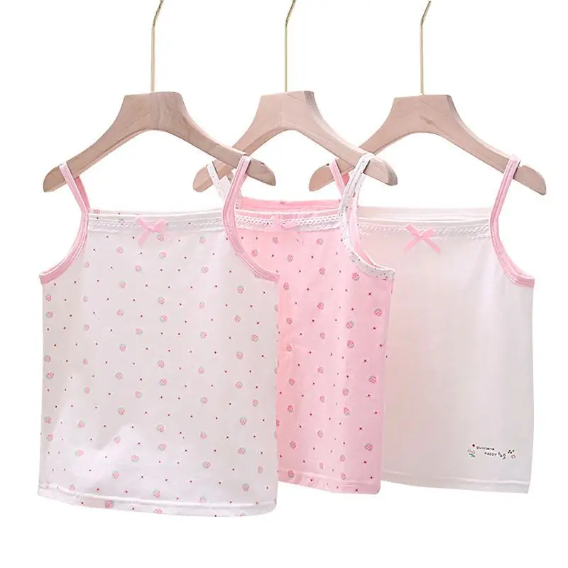 3pcs/Lot Girls Cotton Singlet Underwear Tank Strawberry Prints Kids Undershirts Cotton Tank Bow Tops Size 100-150