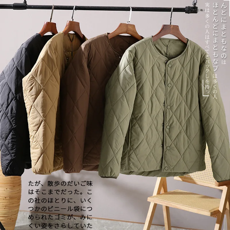2025 Japanese Minimalist Winter Round Neck Cotton Jacket for Men Layered and Thickened Diamond Grid Couple Style Stand Up Coll