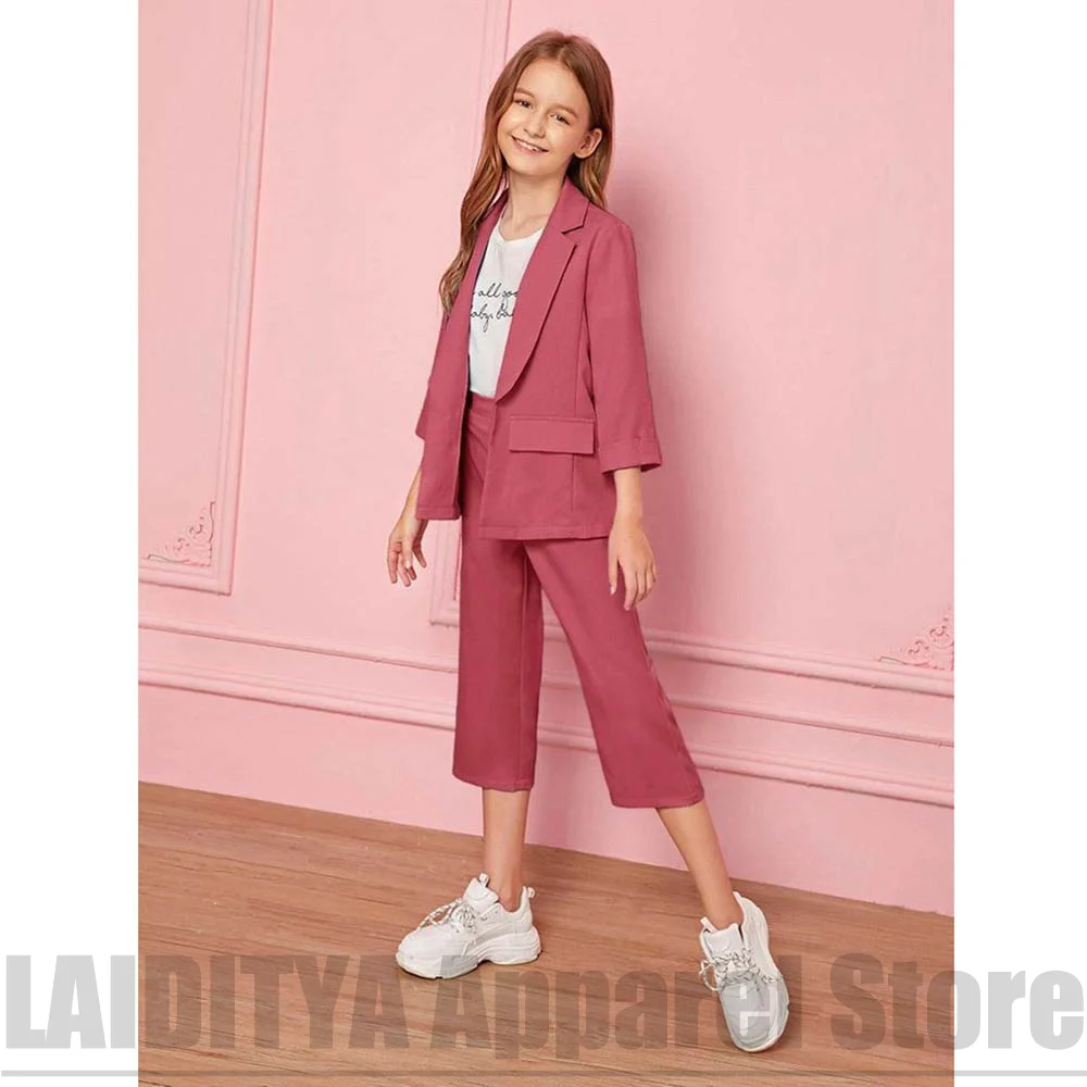 Fashion Girls Suit 2 Piece Chic Three Quarter Sleeve Blazer Pants Kids Outfit Casual Daily Fashion Birthday Party Wear 2026