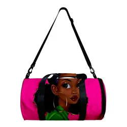 Cartoon Novelty African Girl 3D Printed Large Capacity Travel Bags Barrel Shape Crossbody Bag Outdoor Sports Bags Gym Yoga Bag