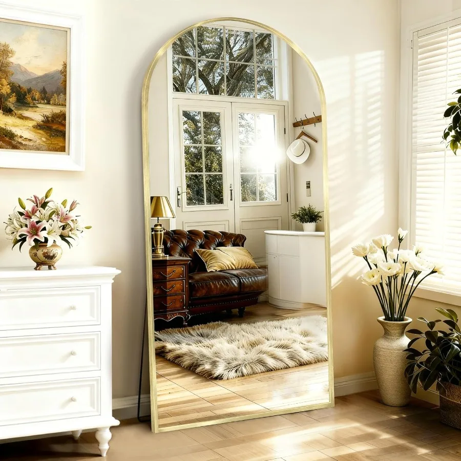 Cermin Lantai Berdiri Lengkung Besar 71x32, Cermin Emas untuk Kamar Tidur, Cermin Rias Tubuh Penuh dengan Penyangga, Kaca Tempered