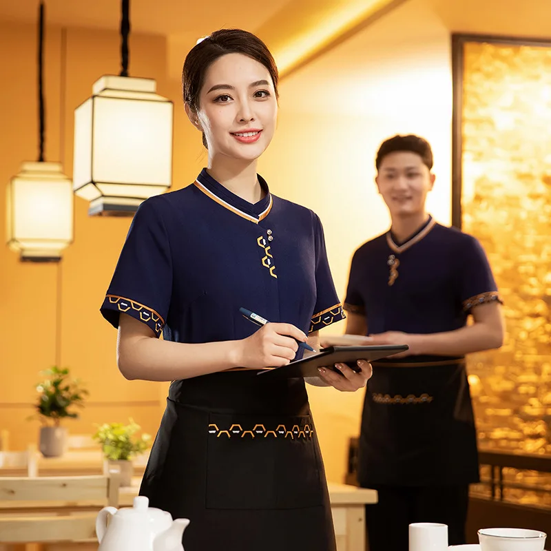 Hotel Waiter Workwear Summer Short Sleeve Chinese Catering Hot Pot Restaurant Front Hall Tea House Staff Clothing Men and Women