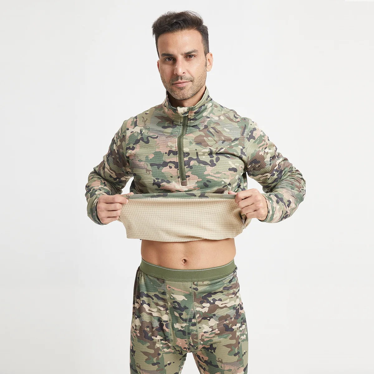 Men's Textured Thermal Underwear Set, Camouflage Pattern Heavyweight Fleece Long Johns, Breathable Cold Weather Base Layer