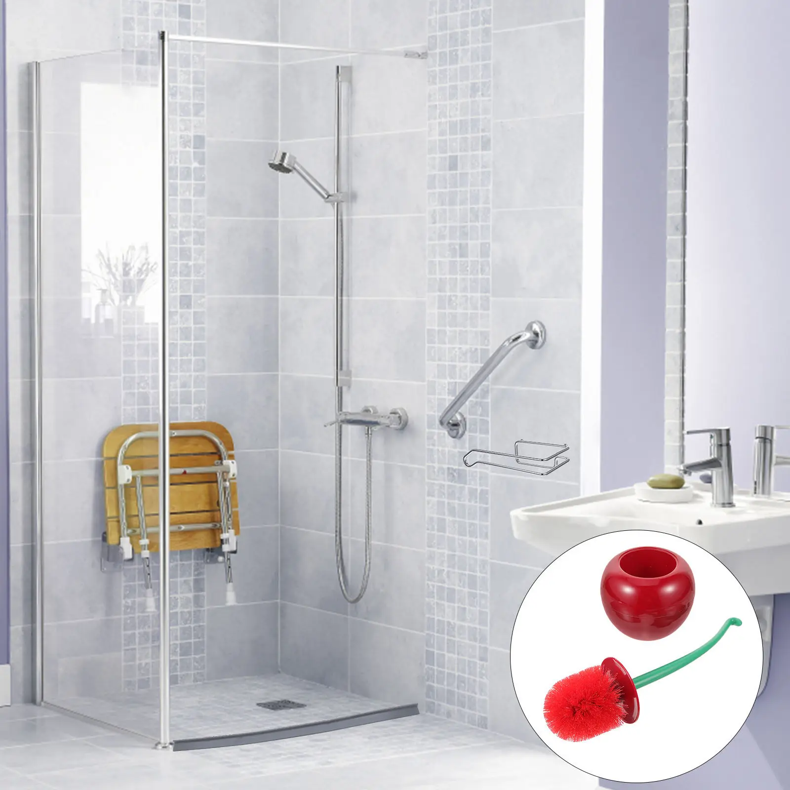 Plastic Toilet Brush and Holder Set Cherry Design Compact Toilet Clean Set Long Handle Reaches Corners Adds Cleaning Fluid to