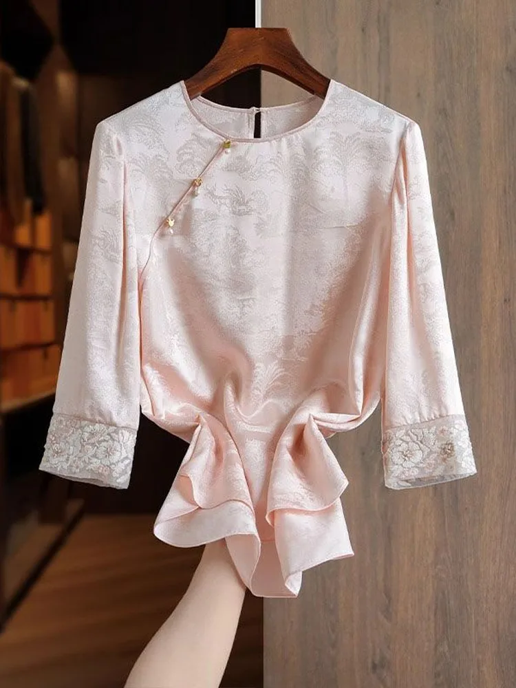 

Шелковая вышитая легкая рубашка с коротким рукавом, женская летняя блузка с круглым вырезом, в китайском стиле, свободного кроя, дышащая, влагоотводящая.