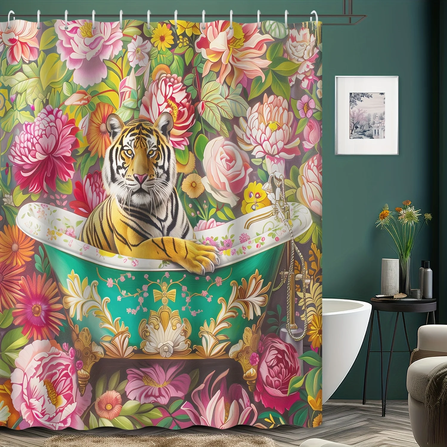Vintage Floral Tiger Shower Curtain Bathroom Peony Blooms Tropical Botanical Bath Decor Luxury Bohemian Waterproof Curtains