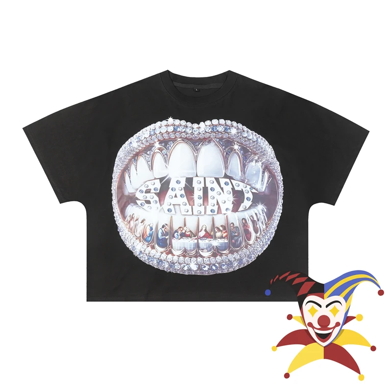 T-Shirt nera con stampa dentale Saint Tears uomo donna Streetwear T-Shirt Oversize Tee Tops