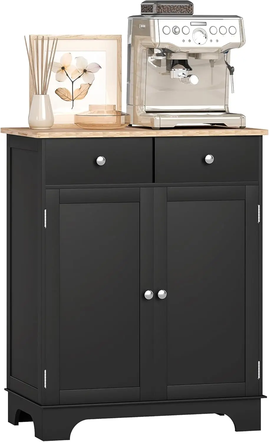 

Modern Black Sideboard with Solid Wood Countertop, 2 Drawers, Adjustable Shelf, Coffee Bar Cabinet