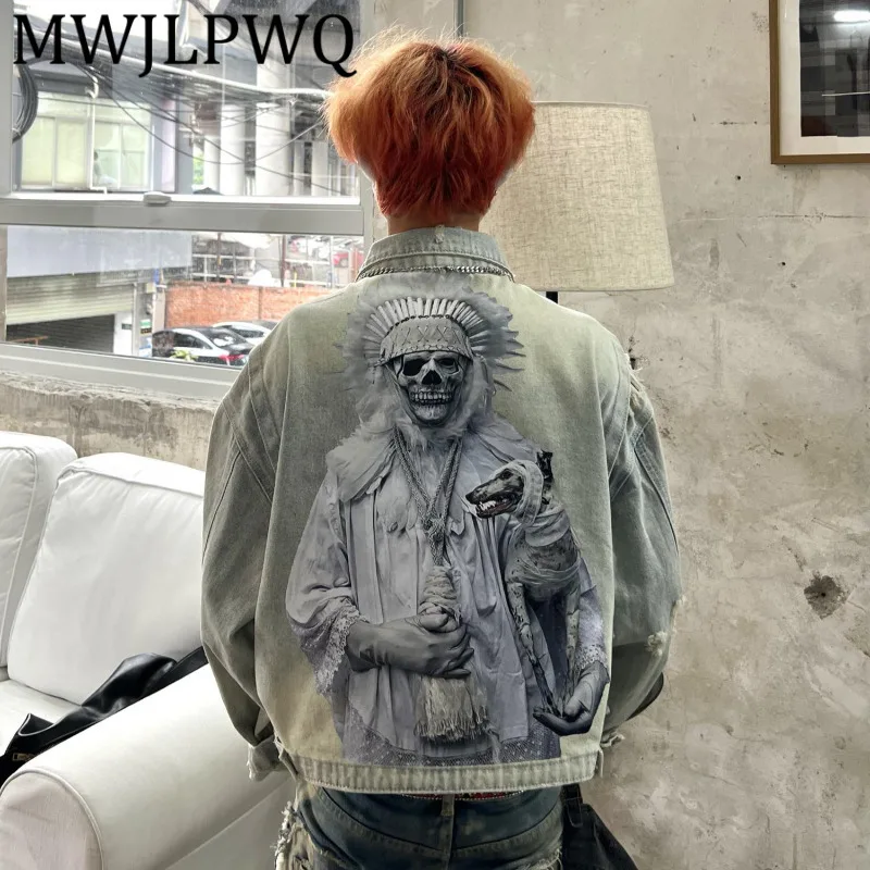 

MWJLPWQ Design Vintage Washed Printed Short Denim Jacket For Men Women High Street Spring Autumn Lapel Zipper Thin Tops 12498