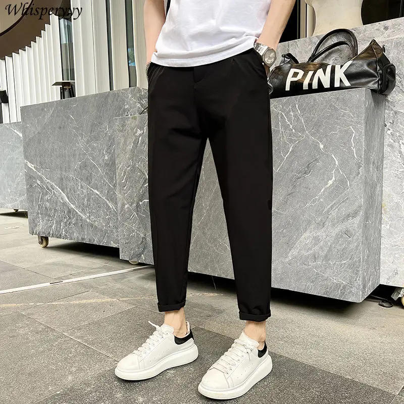 Spodnie męskie letnie cienkie proste nogawki spodnie na co dzień dziewięć punktów obcisłe spodnie męskie kieszenie Pantalones Harajuku spodnie w jednolitym kolorze