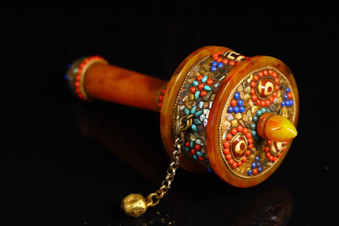 Old Nepalese temples Old Beeswax Mosaic Gem gZi Beads Shell Shake Prayer Wheel  Old Scriptures Amulet Worship Hall