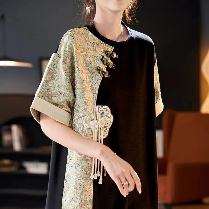 Spring Summer Fashion Round Neck Short Sleeve Women's Clothing Casual All Match Chinese Style Age Reducing Clothes Tops JJ168