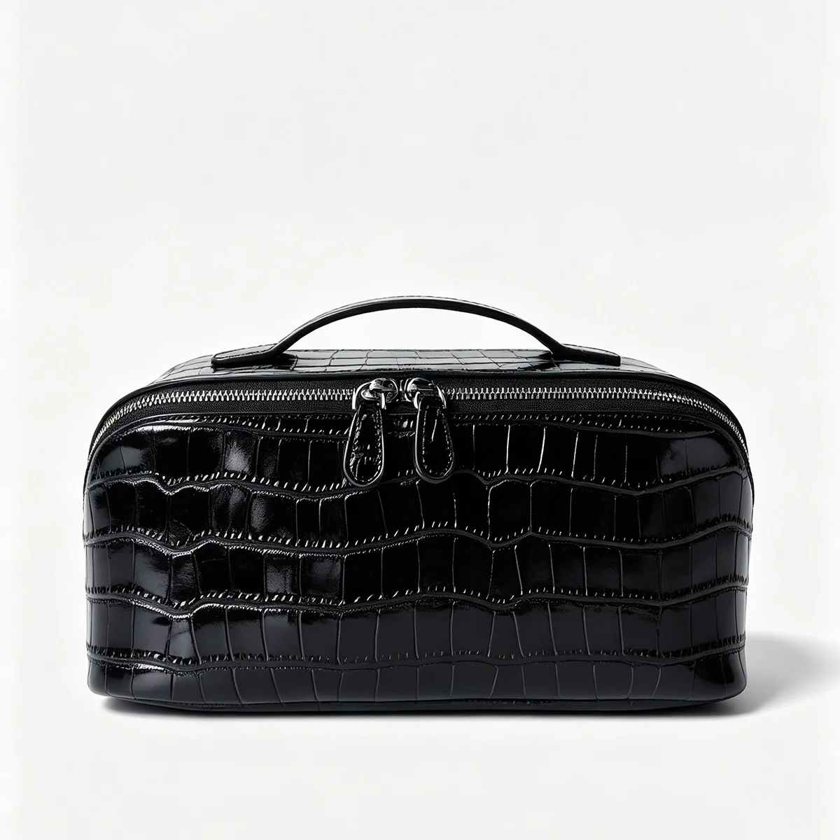 Echtes Leder Krokodil-Prägung Schwarzes Kosmetiktaschen-Set für Damen Toilettenartikel-Organizer Große Kapazität Reise-Make-up-Tasche – Detail 20