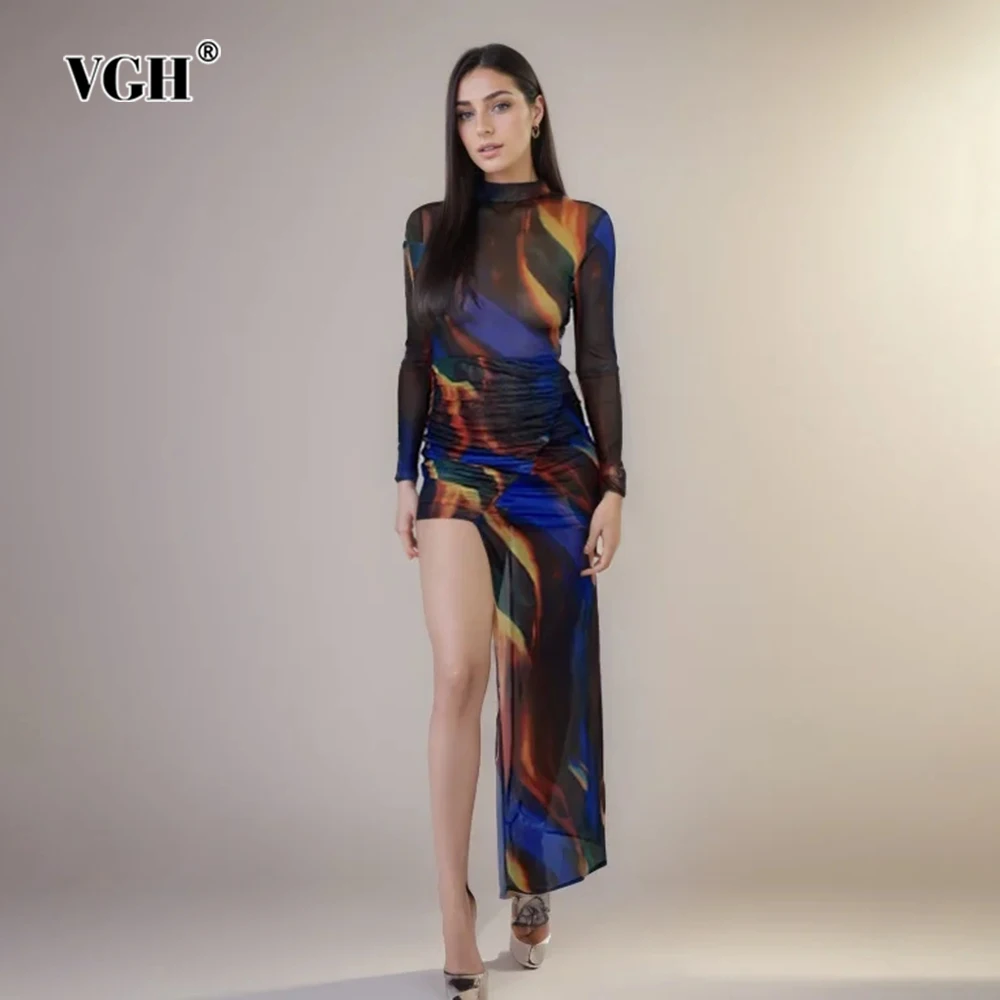 

VGH Hit Color Printing Slimming Dress For Women Turtleneck Long Sleeve Spliced Sheer Mesh Irregular Dresses Female Fashion New