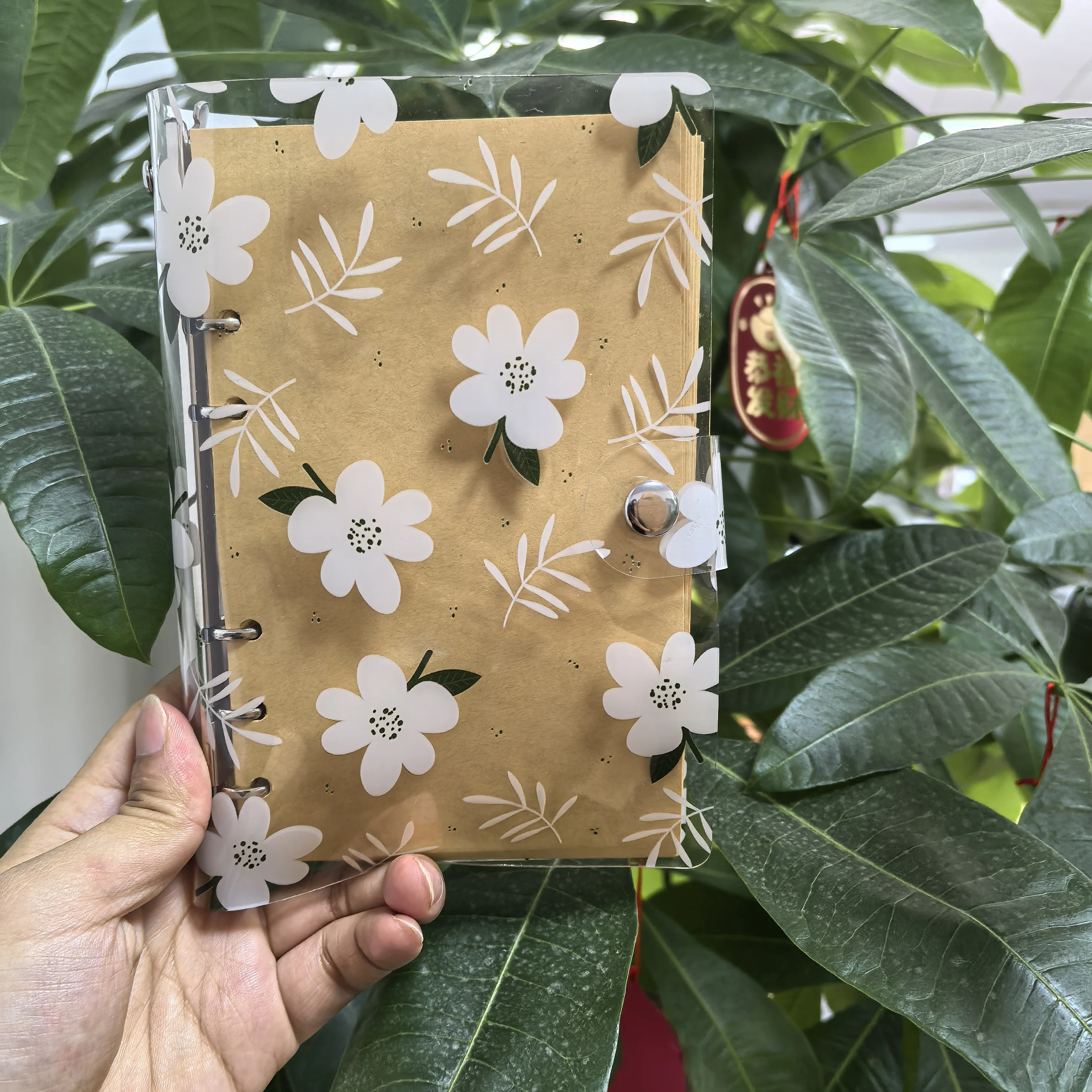 Cute Floral Transparent Loose Leaf Notebook, A6 Ring Binder Journal with Snap Button, Kawaii Stationery for School & Daily Use