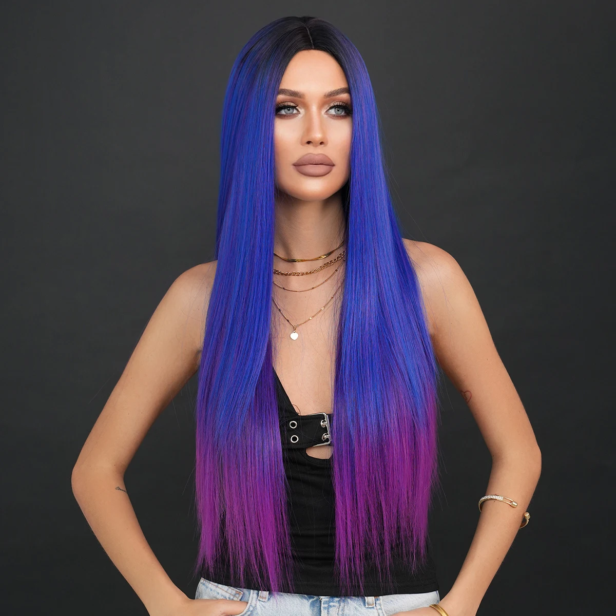 NAMM Synthetic Long Straight Wigs For Women Blue purple gradient Daily Party Use Dark Roots High Density Layered Hair Wigs