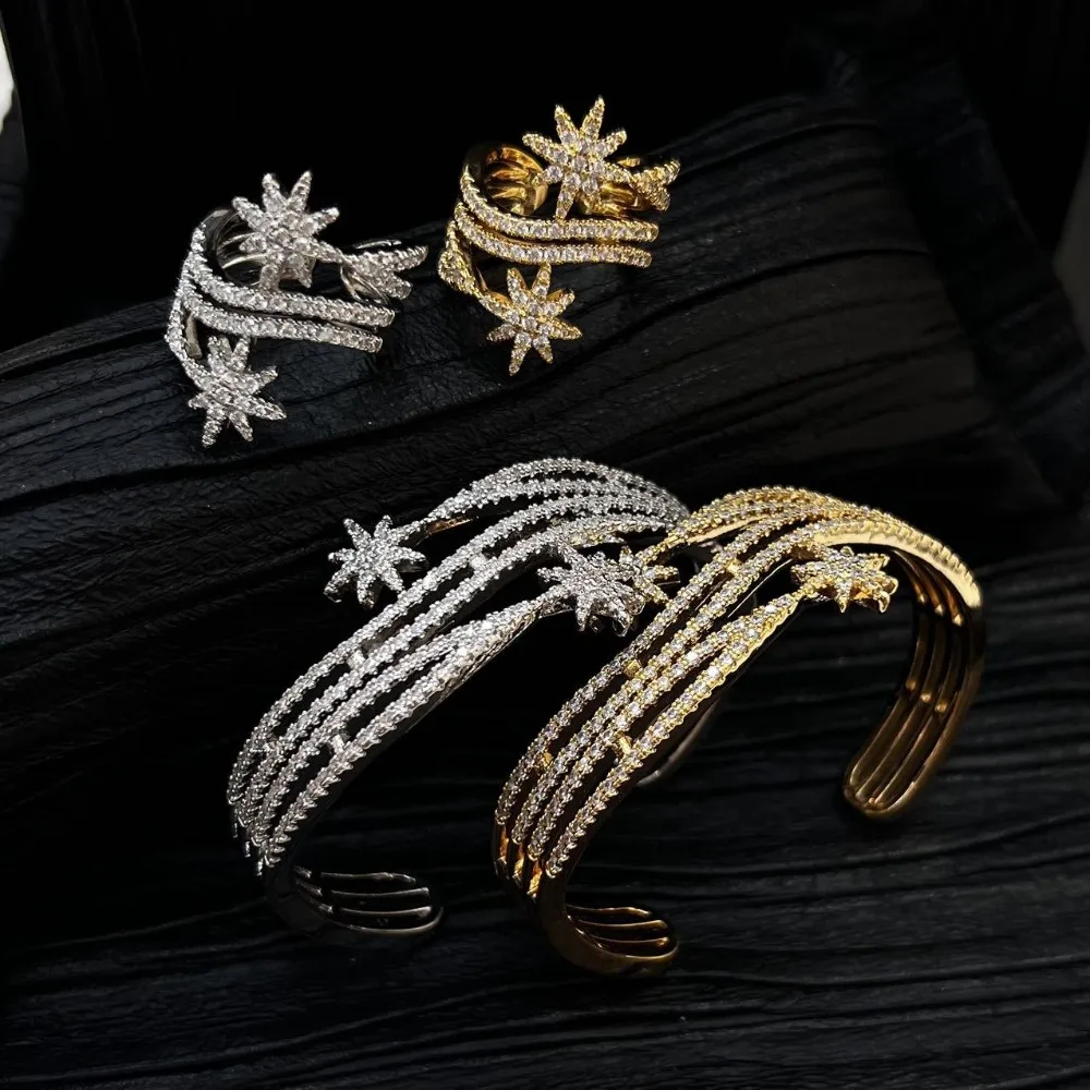 2Pc Luxury High-End Fashion Ladies Eight-Pointed Star Open Ring Bracelet Set Simple Ins Series Jewelry Accessories for Women