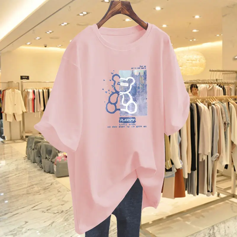 

Street Casual Printing Loose T Shirts Summer New Plus Size Short Sleeve Solid O-Neck Tops Tees Fashion Harajuku Women Clothing