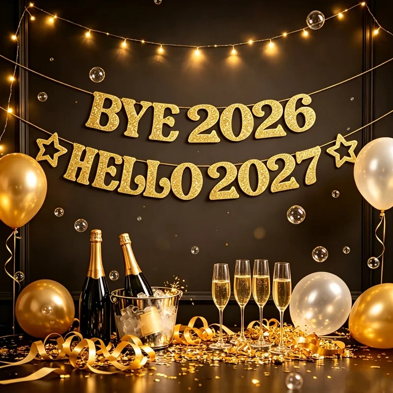 Bye 2026 Hello 2027 Gold Glitter Banner New Year Party Decorations Bunting Garland for Home Bar Wall Decor