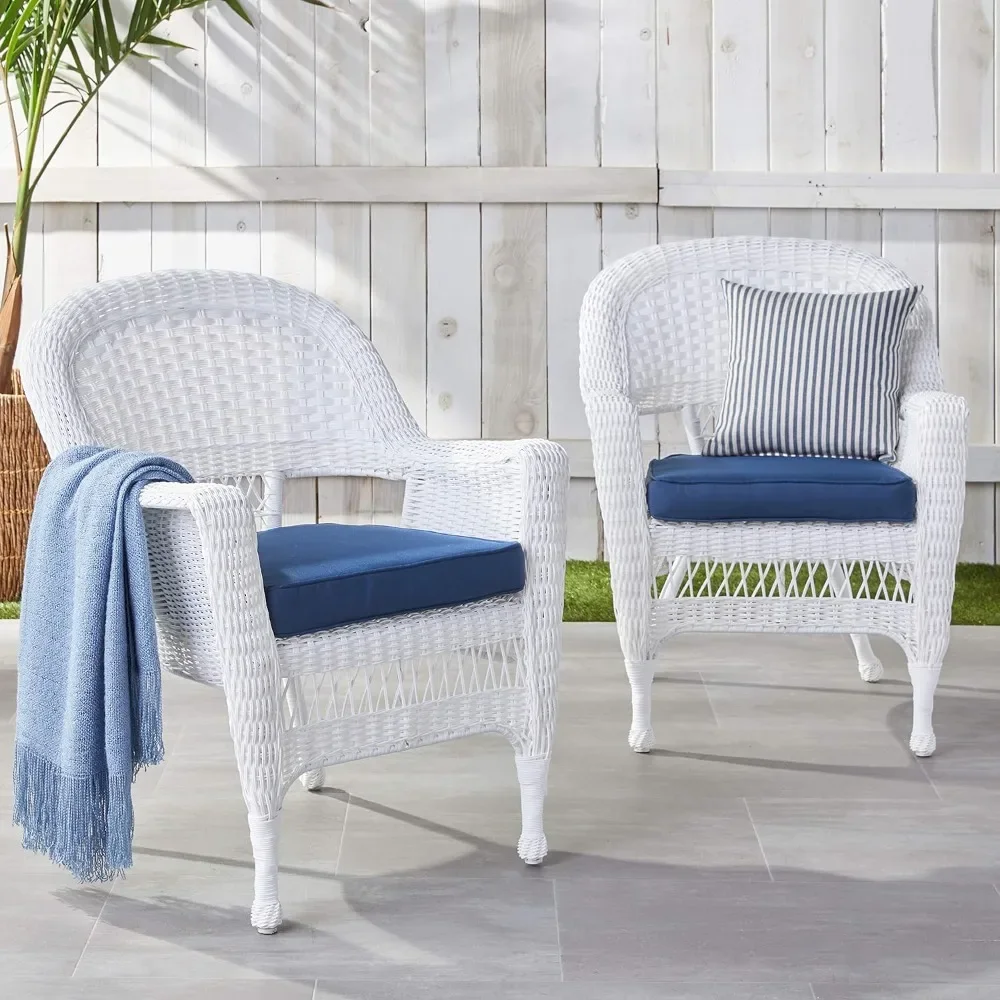 Wicker Chair with Blue Cushion, Set of 2, White