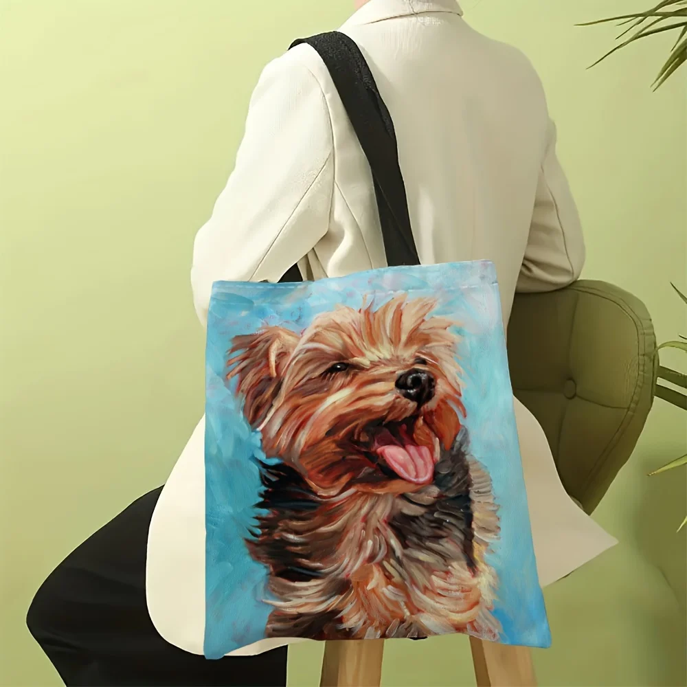 1Pc Watercolor Oil Painting Print Puppy Tote Bag, Stylish and Safe Shopping Bag, Ladies Handbag Shoulder Bag