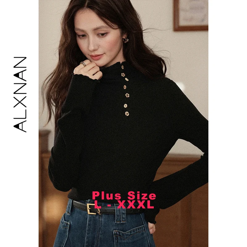 

ALXNAN Plus Size Half-mocked T-shirt Chic Flower Wooden Buttons Long Sleeve T-shirts Women 2025 Autumn Casual Female Tops D57528