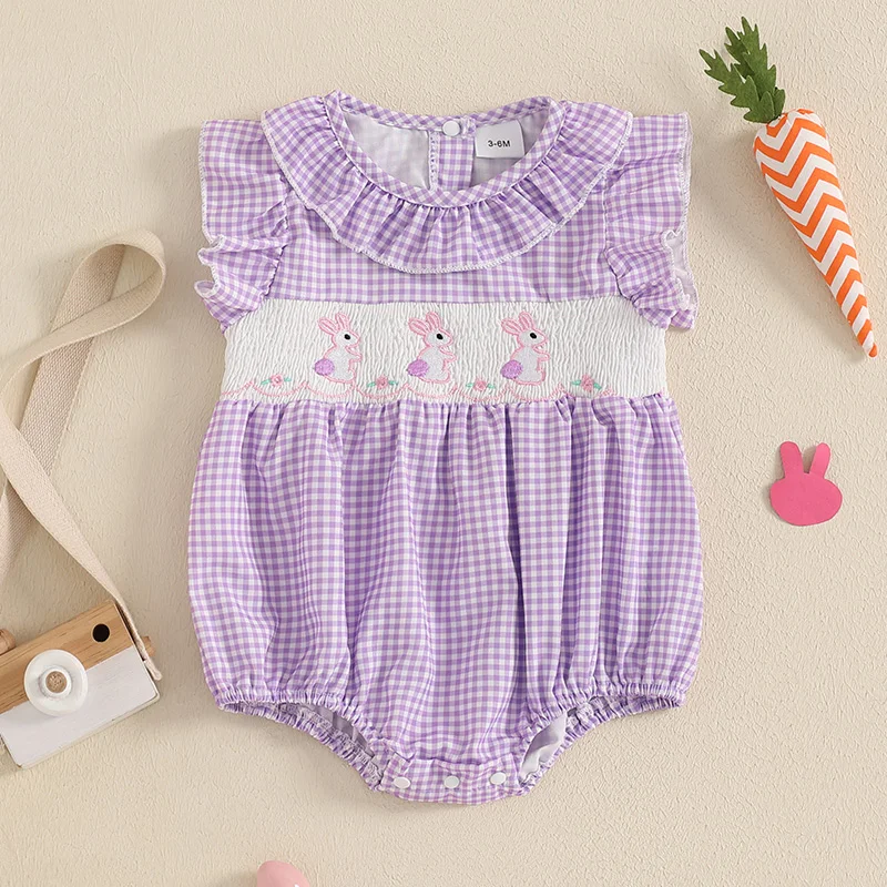 

Newborn Baby Girls Rompers Easter Clothes Rabbit Embroidery Plaid Ruffles Round Neck Fly Sleeve Summer Bodysuits Jumpsuits