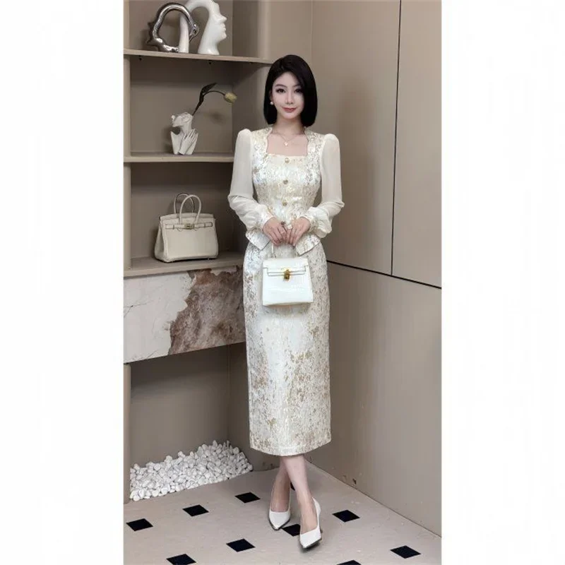 New High Quality Fashion Party Women's Two Pieces Set French Luxury Jacquard Patchwork Tops+High Waist Midi Skirt Women's Suit image 3