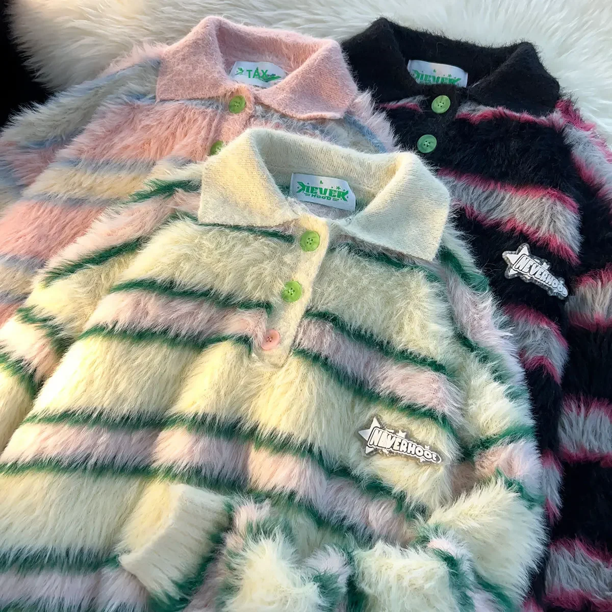 Japanese Vintage Polo Collar Striped Mink Sweater Men Loose Fit Idle Style Angora Hair Knit Jacket Winter Casual Scene