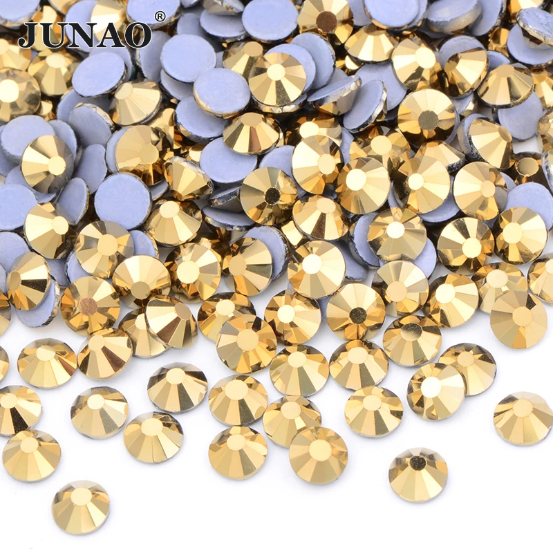 JUNAO SS6 SS10 SS16 SS20 SS30 Goldfarbene Hotfix-Glasrhinesteine, flache, aufbügelbare Kristallsteine für Hochzeitskleider und Kleidung.