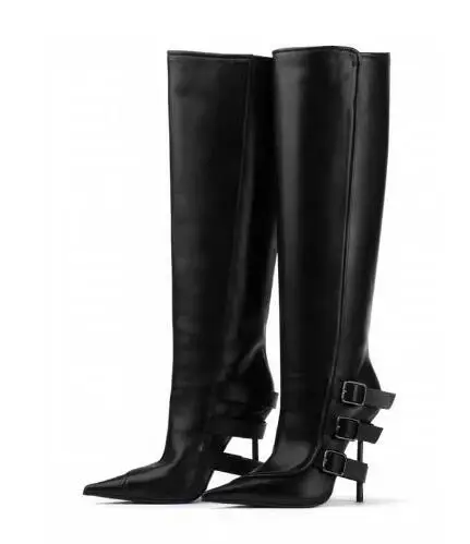 

Newest Woman Black Solid Matte Leather Three Belt Buckles Pointed Toe Stiletto Heels Tube Slip On Knee High Boots Long Botas