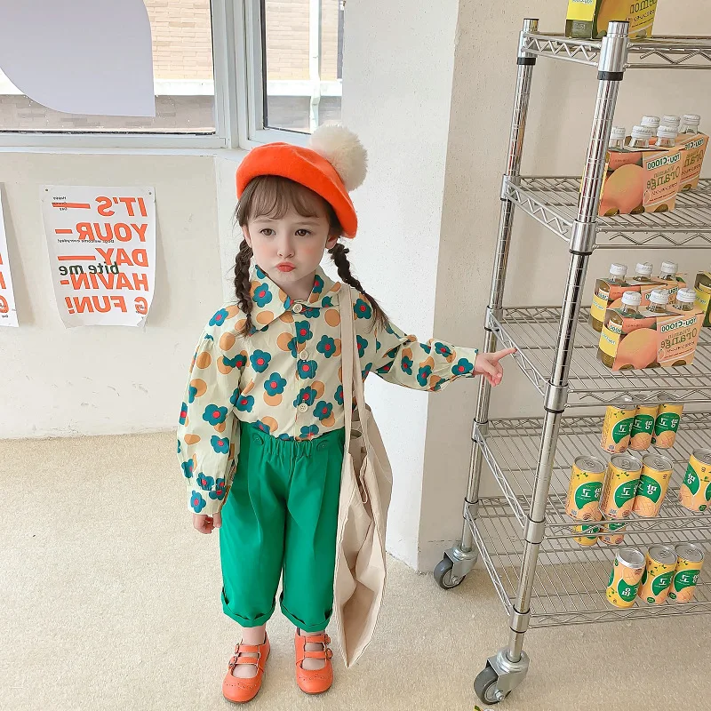 2026 Casual Baby and Girls Cotton Floral Single-breasted Shirt Tops+Twill Canvas Pants Suit Kids 2PCS Outfits Child Outerwear