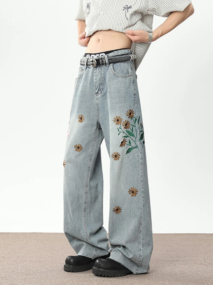 

Floral Embroidery Men's Jeans High Street Vibe Waed Design Straight Leg Knife Casual Summer Denim Pants Loose Fit