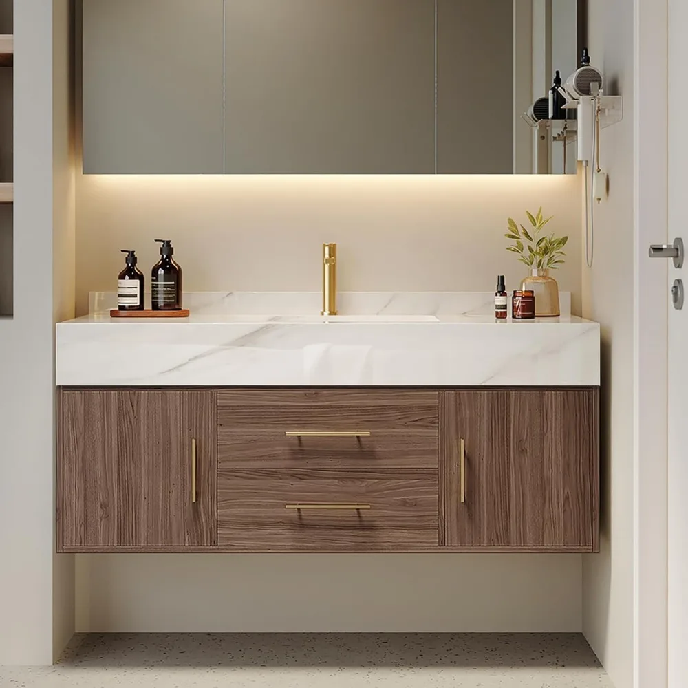 

Floating Bathroom Vanity with Sintered Stone Vessel Sink 2 Drawers (Walnut with Doors, 39.4'')