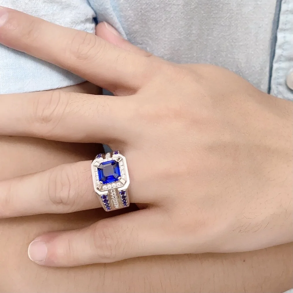 

2025 Euro-American Geometric Men's Ring, Blue Cubic Zirconia 316L Stainless Steel Wide Band, Wedding Jewelry Gift for Groom