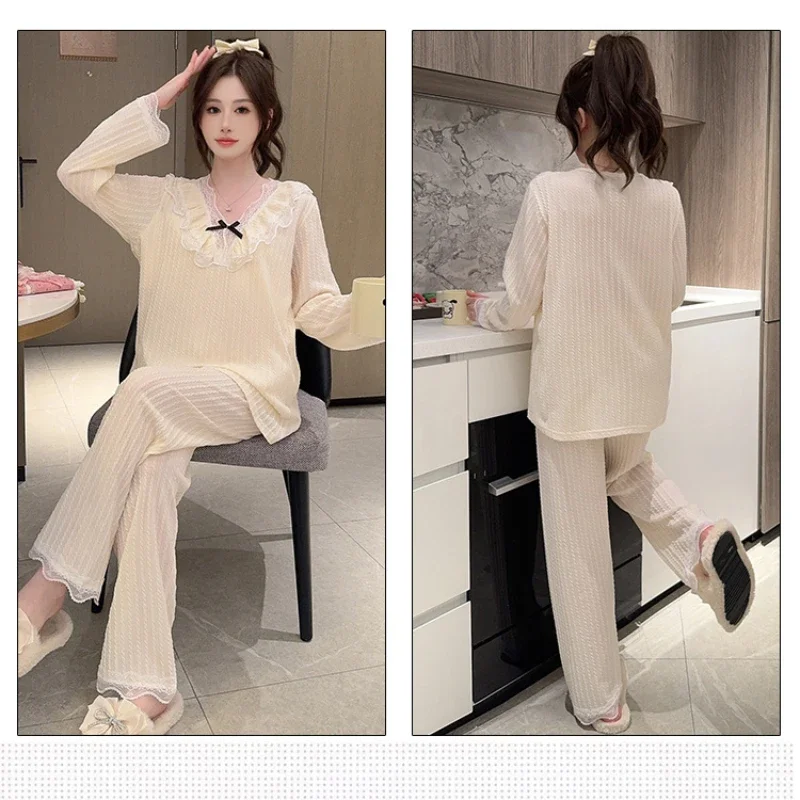 5XL Plus Size Women\'s Spring Pajamas Cotton Homewear Suit Korean Long-Sleeved Long Pants Loose Sleepwear Lace Sweet Loungewear