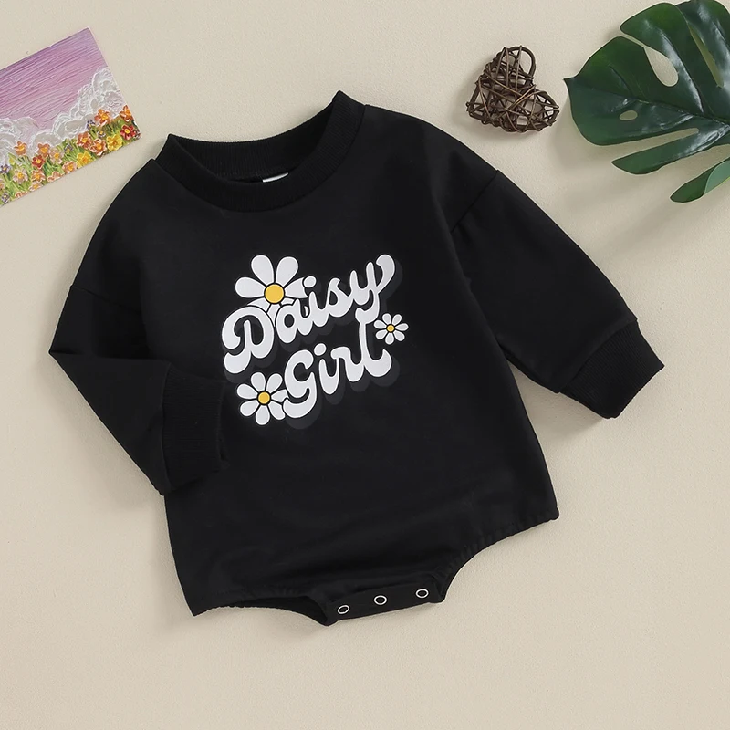 

Daisy Girl Bubble Romper Baby Girl Crewneck Sweatshirt Cute Letters Flower Print Bodysuit Fall Winter Outfit