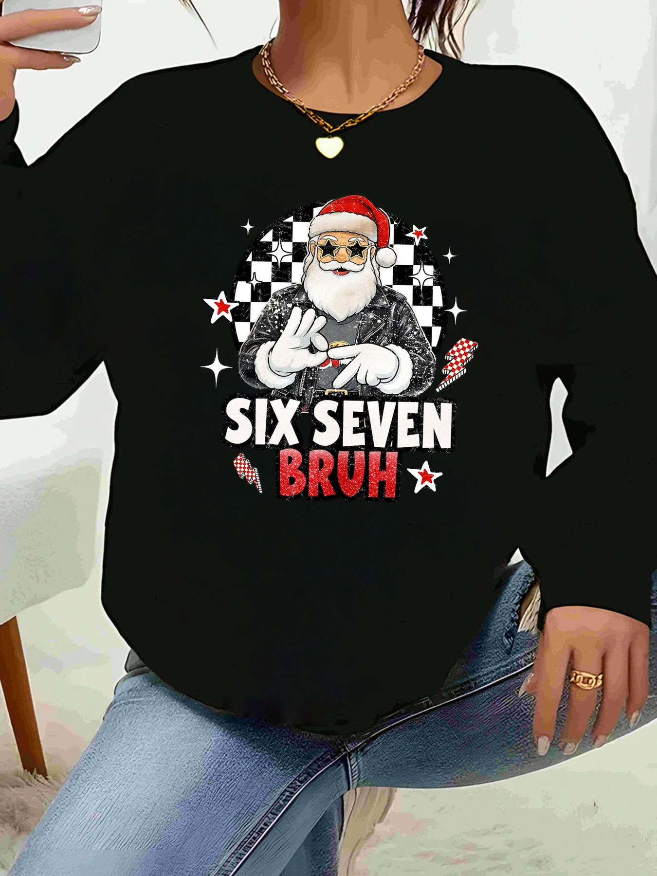 

Santa Claus Six Seven Bruh Print Christmas Long Sleeve Top Holiday Party Women's Casual Wear
