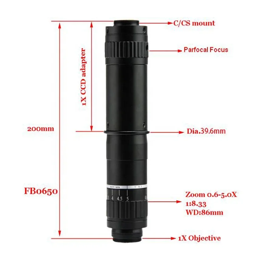 Obiektyw optyczny przemysłowy Ft-Opto FB0650 o dużym przełożeniu 0,6X do 5,0X do inspekcji PCB