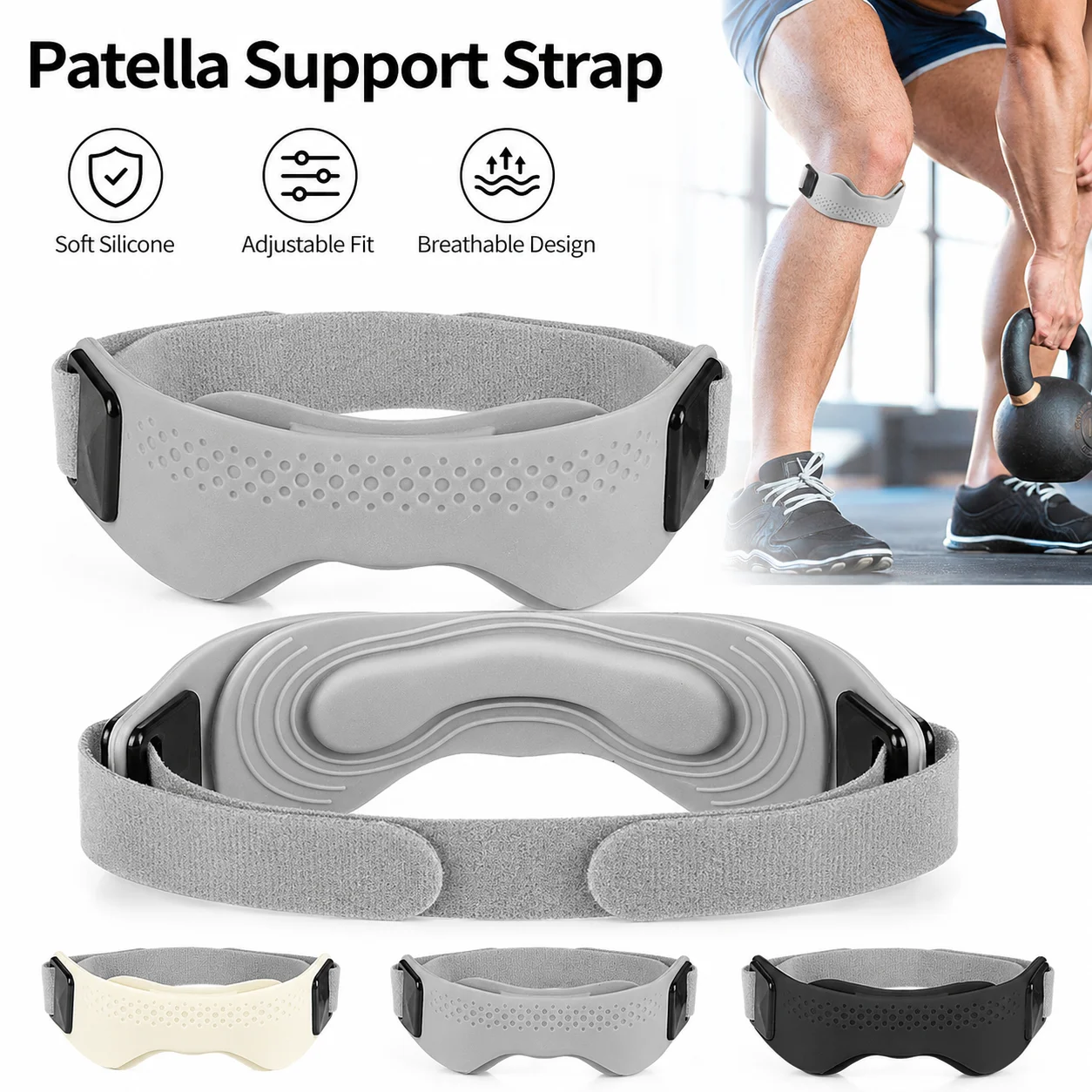 1 Paar Patellabänder aus Silikon, Knie-Stützband, verstellbare Sportbandage für Laufen, Radfahren, Badminton, Workout, Grau, Schwarz, Beige