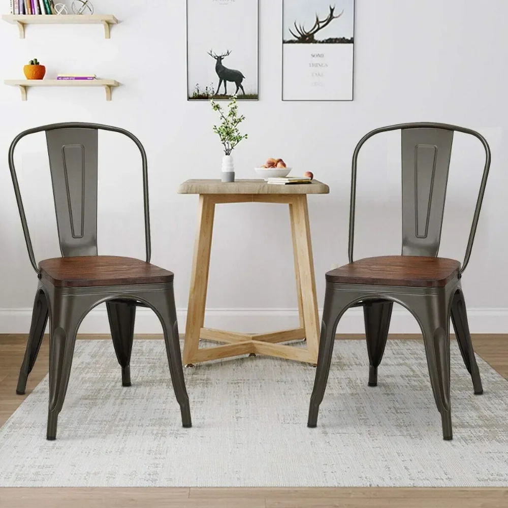 18 Inch Dining Chair Set of 4, Industrial Vintage Stackable Metal Chairs, Counter Bar Chairs with High Backrest, Wood Seat