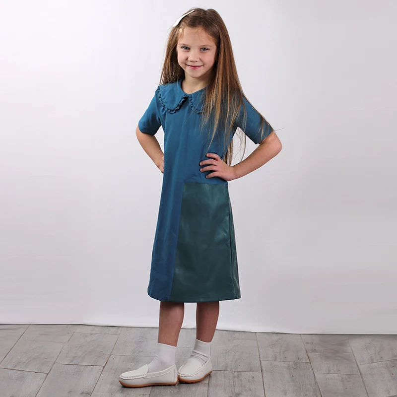 

Girls dress summer short sleeves and long sleeves blue denim with leather girl dresses children clothing dress round picot neck